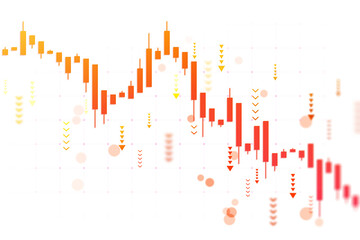 Red and orange candlestick chart with downward arrows on white background, representing stock market crash, financial loss, and economic crisis. 3D Rendering