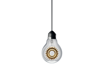 Hanging lightbulb with embedded golden gear, realistic graphic style, isolated on white background. Concept of idea, invention, and technology. 3D Rendering
