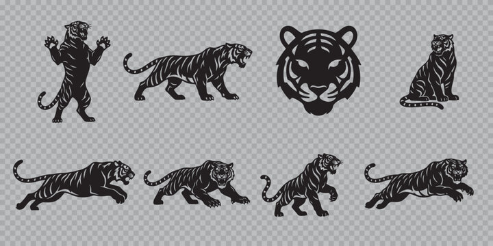 Tiger Silhouette and Head Logo Set, Bengal Tiger Vector Illustrations in Running and Jumping Poses