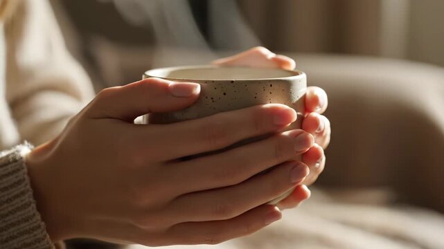 hands holding warm cup. A close-up view of hands holding a warm cup, with fingers wrapped around it to absorb heat.