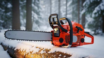 A red chainsaw with a silver blade sitting on a snowy log in a forest