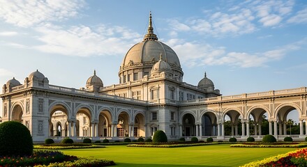 Grand classical edifice with a prominent dome overlooks meticulously maintained gardens under a sunny sky