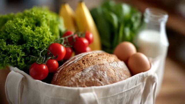 Close-up of reusable grocery bag packed with fresh vegetables and staples, lettuce and peppers spilling slightly over edge, bananas and bread visible, eggs and milk completing bala