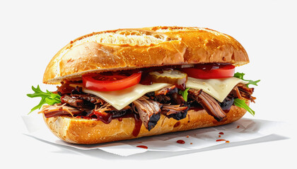 Hearty Pulled Pork Sandwich with Cheese, Pickles, and Greens on a Toasted Bun