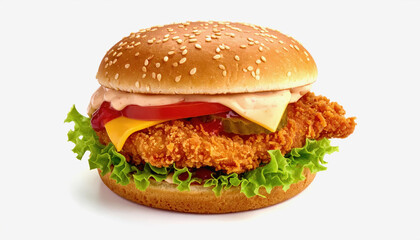 Juicy Crispy Fried Chicken Burger with Cheese, Lettuce, Tomato, Pickles, and Sauce on a Sesame Seed Bun, Isolated on White