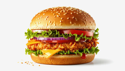 Loaded Fried Chicken Burger with Red Onion, Tomato, Cheese, Lettuce, and Sauce on a Sesame Seed Bun, Isolated