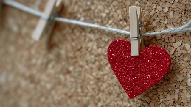 Close-up of small heart-shaped note pinned to corkboard with a tiny clothespin, Valentine&rsquo;s message visual