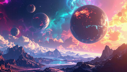 Vibrant Cosmic Scene with Alien Planets, Colorful Nebula, and Rocky Extraterrestrial Landscape at Sunset