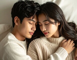 Two Indonesian adults are sleeping peacefully, the man embracing the woman in a calm and intimate moment.