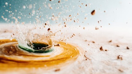 An artistic depiction of water splashing, capturing the dynamic movement and energy of fluid elements, evoking feelings of motion and chaos in a visually striking scene.