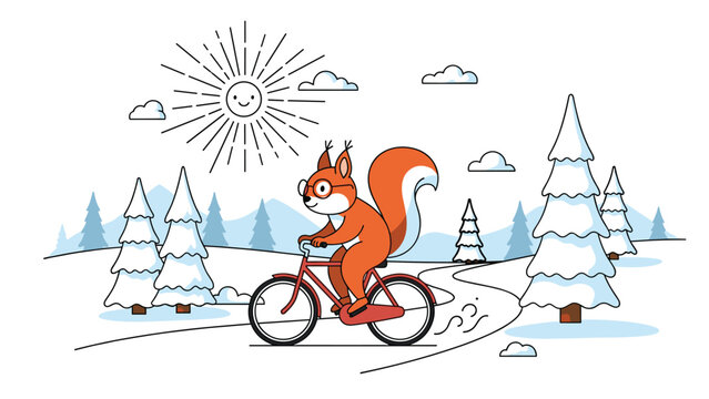 Cute squirrel wearing glasses riding a bicycle through a snowy winter park filled with pine trees under a smiling bright sun in the sky.