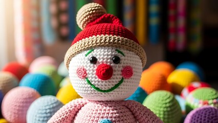 A crocheted snowman toy wearing a red hat and smiling with colorful balls in the background