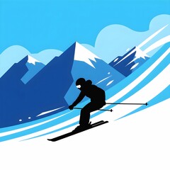Minimalist Vector Illustration of a Skier Downhill Racing on Snowy Mountain