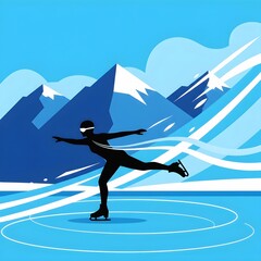 Minimalist Vector Illustration of a Figure Skater on Ice with Mountain Backdrop