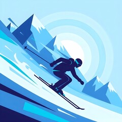 Dynamic Minimalist Vector of a Skier Racing Down a Steep Snowy Mountain Slope