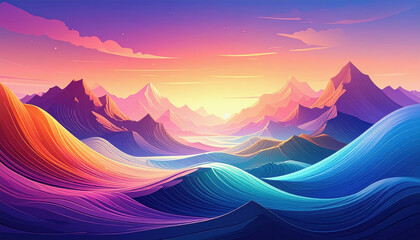Enchanting mountain range with flowing, colorful waves under a sunset sky, digital illustration
