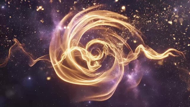 Abstract flowing golden smoke shapes against a starry purple background