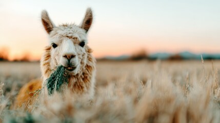 Obraz premium A charming llama enjoys a meal in a serene field during sunset, showcasing the beauty of nature and the tranquility of farm life in a warm golden light.