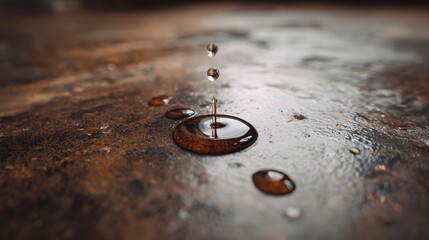 ro view of dark brown viscous liquid droplets falling and impacting a textured wet surface creating ripples and reflections