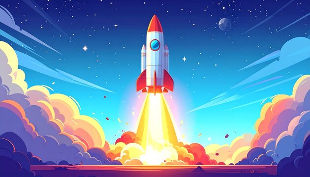A vibrant cartoon depicts a rocket blasting off with fiery exhaust and billowing clouds against a starry night sky. The moon and clouds are visible