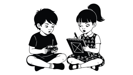 Young siblings engage in creative play, a boy with a toy car and a girl drawing a picture