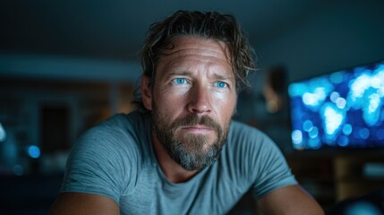 A rugged man with a thoughtful expression sitting in dim light, creating a mood of introspection and contemplation, perfect for themes of deeper emotions and personal narratives.