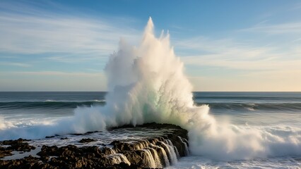 Powerful ocean wave crashing against rocks with white sea spray and blue sky
