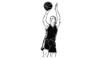Female athlete executing a jump shot in a basketball game stylized illustration