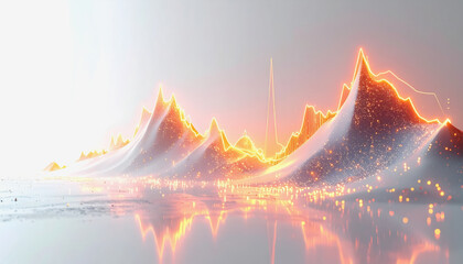 Dramatic White Mountain Range with Intense Orange Summit Glow and Reflective Surface, Symbolizing Financial Peaks and Economic Growth