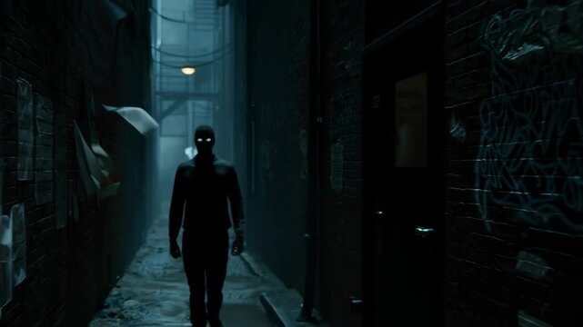 Shadowy man figure with glowing eyes walking through a dark, eerie alley at night, paranormal encounter and mystery concept