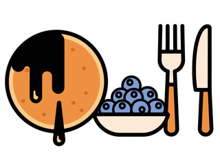 A playful pancake day icon featuring a dripping pancake, blueberries, and cutlery. Bold, graphic style ? perfect for food marketing and celebrations!