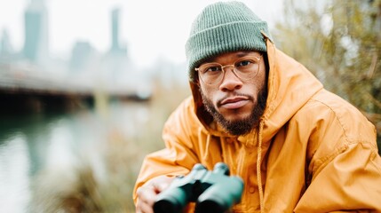 A thoughtful man wearing a beanie and glasses holds binoculars by a serene waterway, embodying curiosity and engagement with nature amidst an urban backdrop.