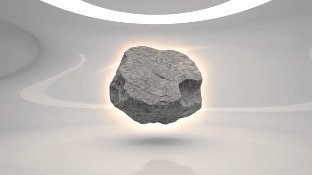 A 3D animated gray rock, illuminated by a warm glow, floats and slowly rotates in a stark, futuristic white studio environment, emphasizing weightlessness and mystery.