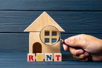 Wooden house with the inscription rent. Rental of property, apartments. services of a realtor.