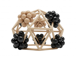 Geometric wooden bead structure with black and brown beads on transparent background
