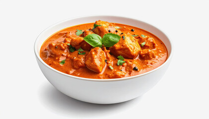 Flavorful Chicken Curry with Basil and Black Peppercorns in a White Bowl, Studio Photography