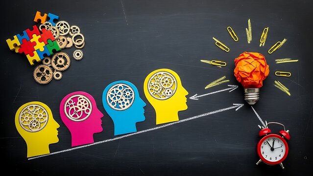 Colorful human heads with gears inside and lightbulb on chalkboard background with clock and puzzle pieces