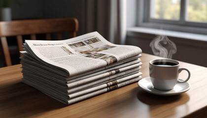 Cup of coffee and a stack of newspapers on a wooden table