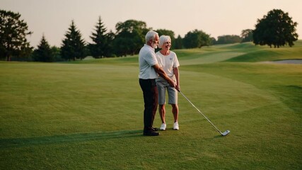 Elderly husband patiently guiding wife during golf swing lesson, sharing supportive moment on lush green course during golden sunset light