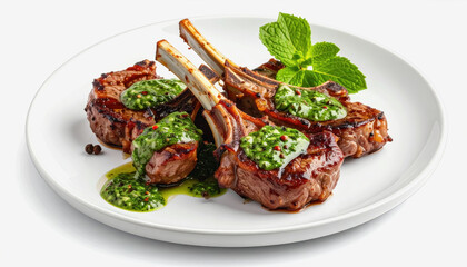 Juicy Grilled Lamb Chops with Mint Sauce and Garnish on a White Plate, Studio Shot