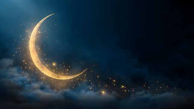 A glowing crescent moon shines brightly in a dark night sky clouds and stars
