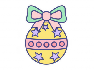 A yellow easter egg with purple stars and pink bow isolated on transparent background