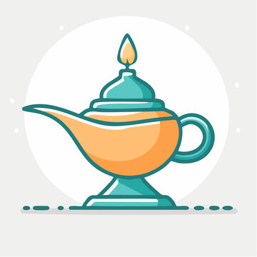 Magical Genie Lamp Vector Illustration. Cute Outline Style Aladdin's Oil Lamp Icon with Flame