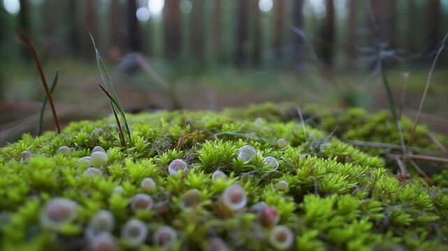 Macro forest floor moss with tiny fungi growing on vibrant green carpet in dappled sunlight with blurred pine trees background serene nature woodland detail
