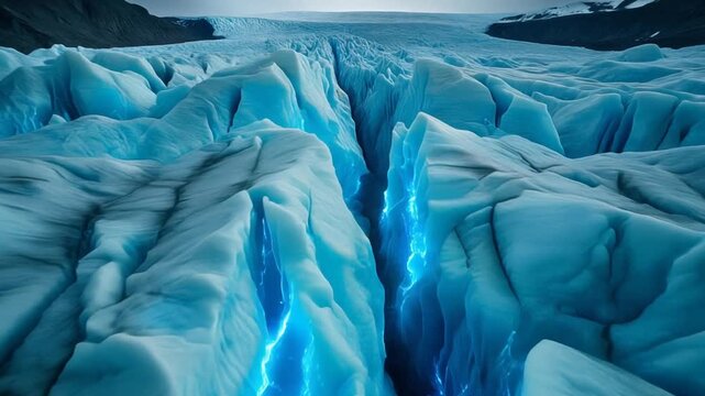 Majestic glacial crevasse illuminated by ethereal blue light revealing deep icy chasm and frozen landscape under dramatic sky showcasing natural wonder and geological formation