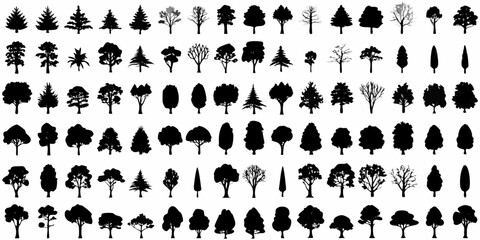 Collection of diverse tree silhouettes in a densely packed arrangement © PabanBiswas