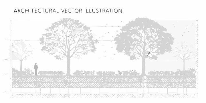 Architectural rendering of trees landscaping and a figure in a park setting