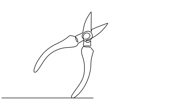 plier continuous one line drawing animation, Animated self drawing of Continuous one line drawing of secateurs plant equipment. Plant scissors in single line draw , Editable Stroke,  cutting plier