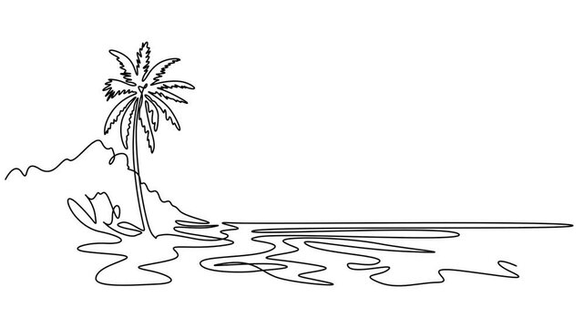 Shady coconut trees to enjoy the beach continuous one line drawing animation, Animated self drawing of Coconut tree near the beach video illustration. Shady coconut trees to enjoy the beach atmosphere