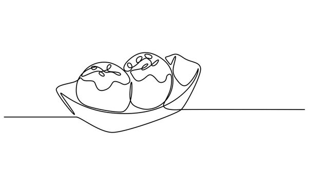 stylized Japanese takoyaki ball logo continuous one line drawing, Animated self drawing of continuous line draw stylized Japanese takoyaki ball logo label. Emblem seafood restaurant concept.